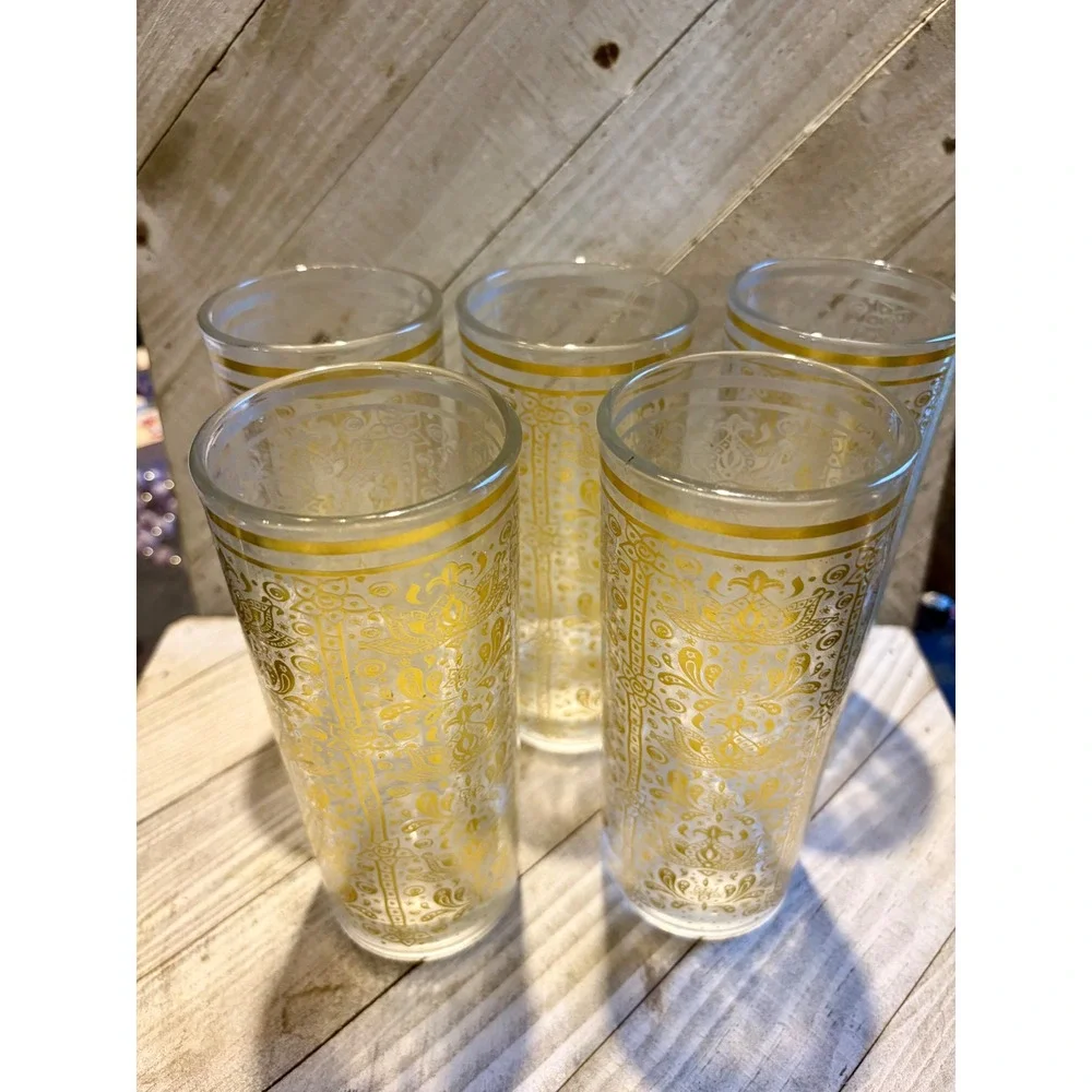 Vintage Gold Damask Floral Glass Tumbler Clear Gold Rim Boho Barware set of 6